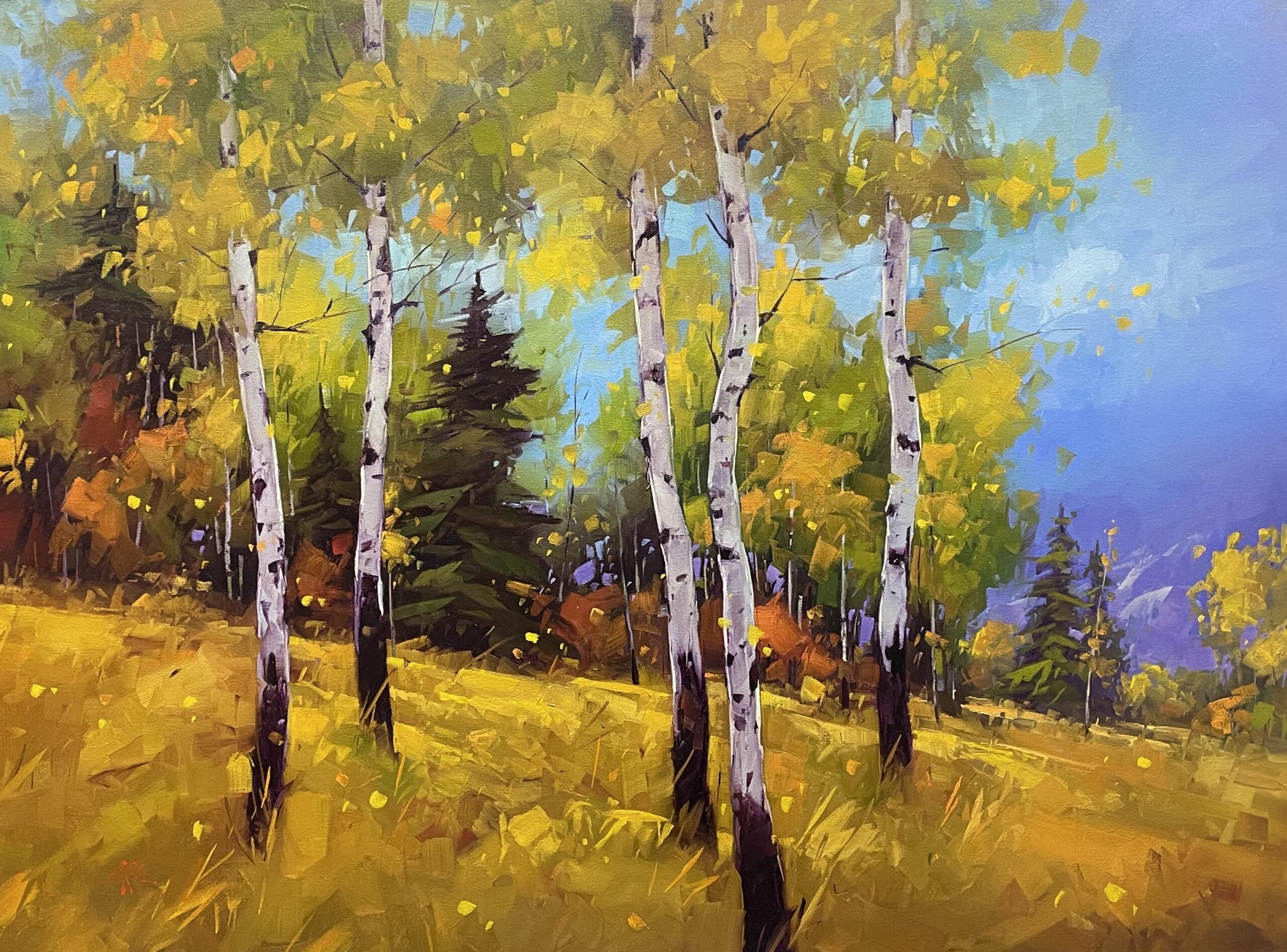 painting by gregory stocks of a small stand of aspens