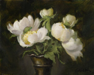 painting by elizabeth robbins of white flowers in a vase