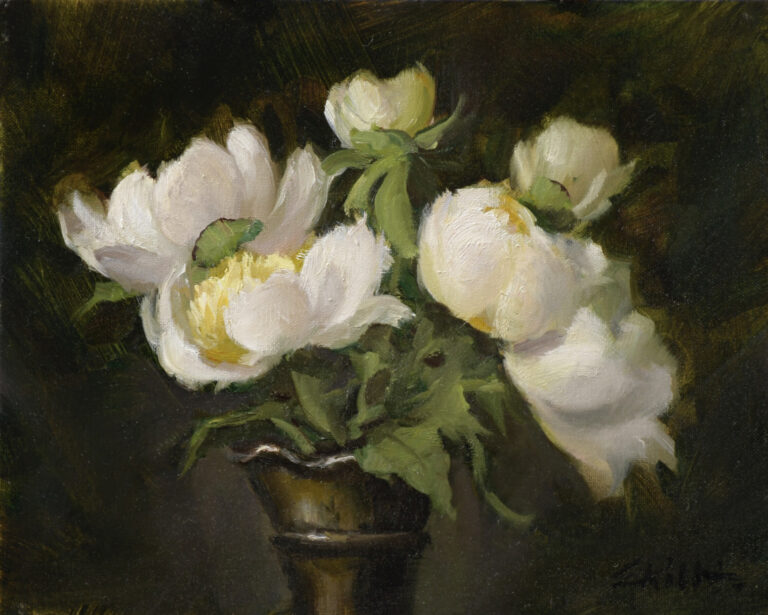 painting by elizabeth robbins of white flowers in a vase