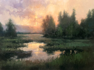 landscape painting by jane hunt of a pastel sunset reflected in a mountain stream