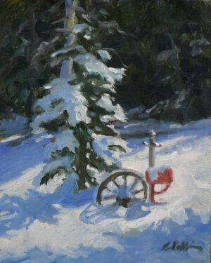 painting by elizabeth robbins of a snow covered tree next to a wheel