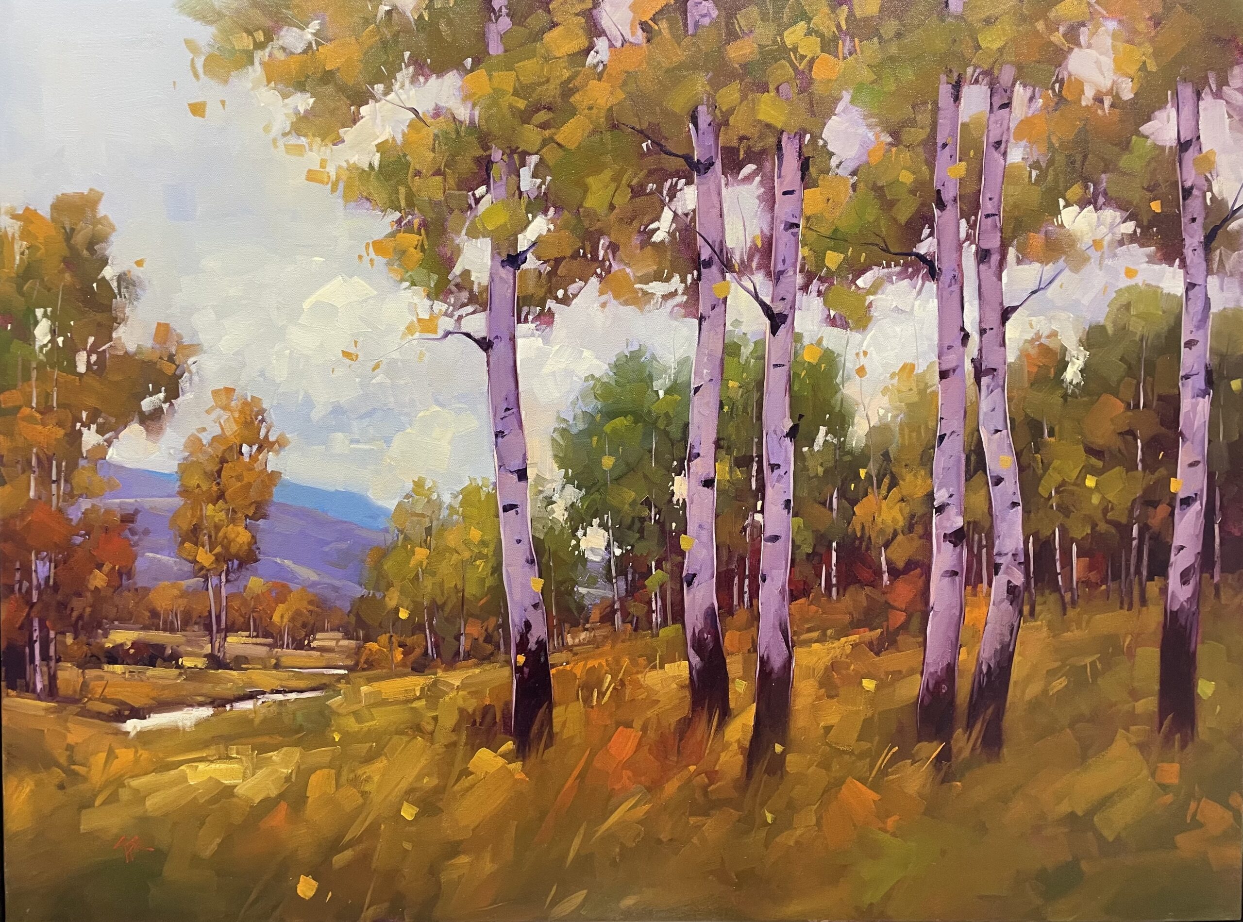 painting by gregory stocks of a small stand of aspens