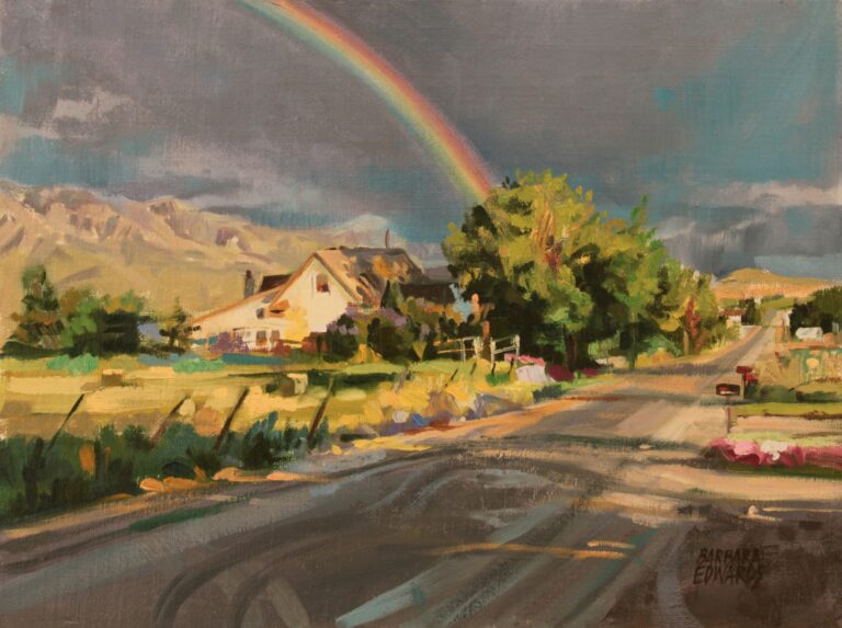Painting by Barbara Summers Edwards of a rural house near a road with a rainbow in he background