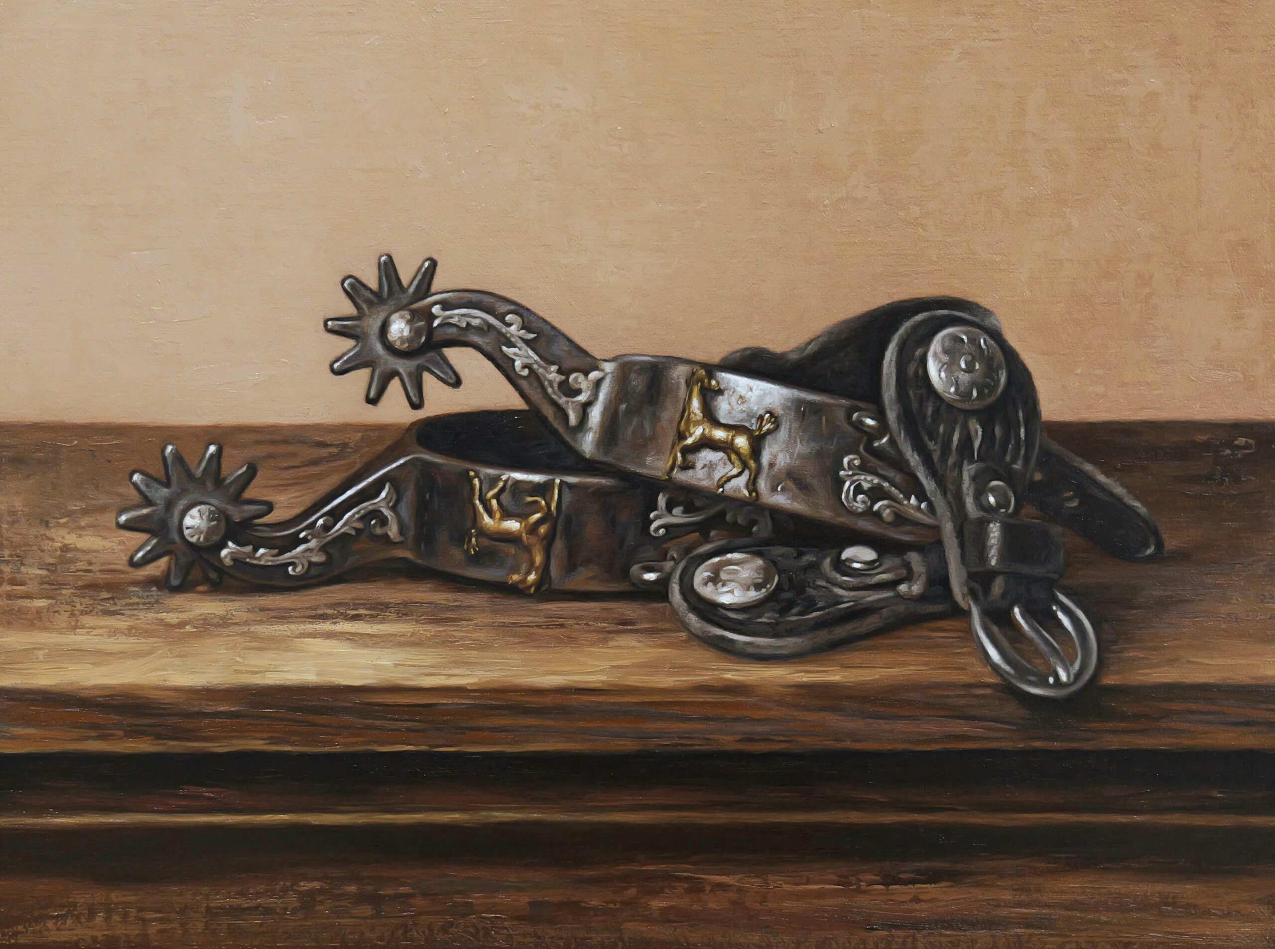 painting by yun wei of a pair of ornate silver and leather spurs