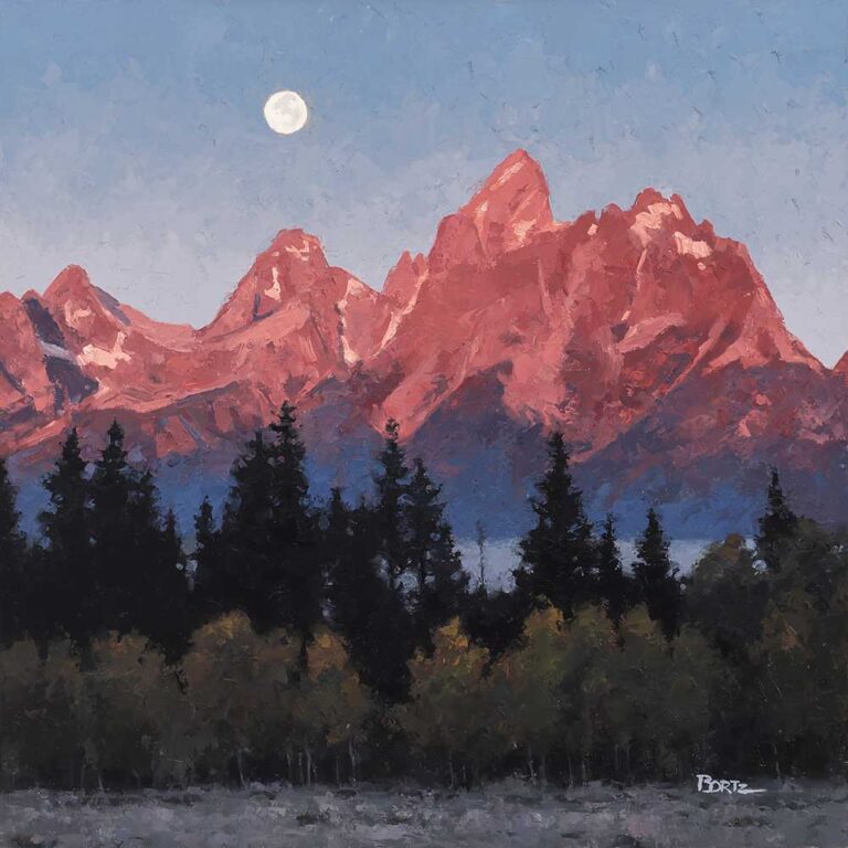 painting by jim bortz of the moonrise over the Teton Mountains