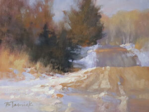 painting by barbara jaenicke of a ddirt backroad with light snow on the road shoulders and trees to the left side of the road
