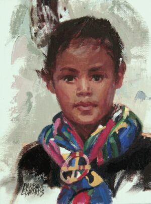 painting by barbara summers edwards of a young girl wearing a colorful scarf