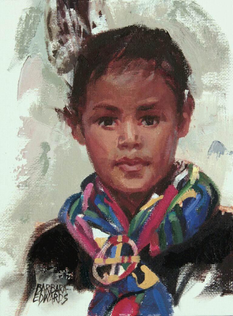 painting by barbara summers edwards of a young girl wearing a colorful scarf