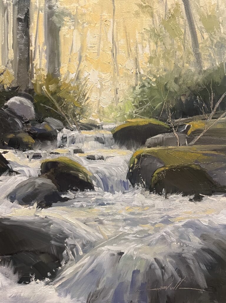 painting by stephen stauffer of a rishing creek with boulders against a backdrop of trees backlt by the sun