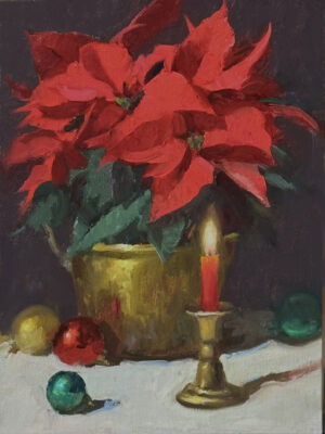 painting by elizabeth robbins of a brass planter holding a poinsetta plant behind a red burning candle.