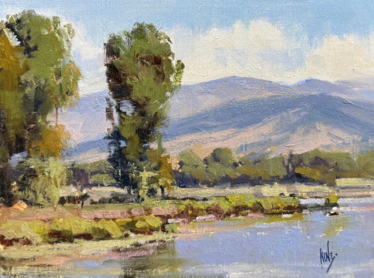painting by rusty jones of a mountain river winding past a bend, mountinas in the background