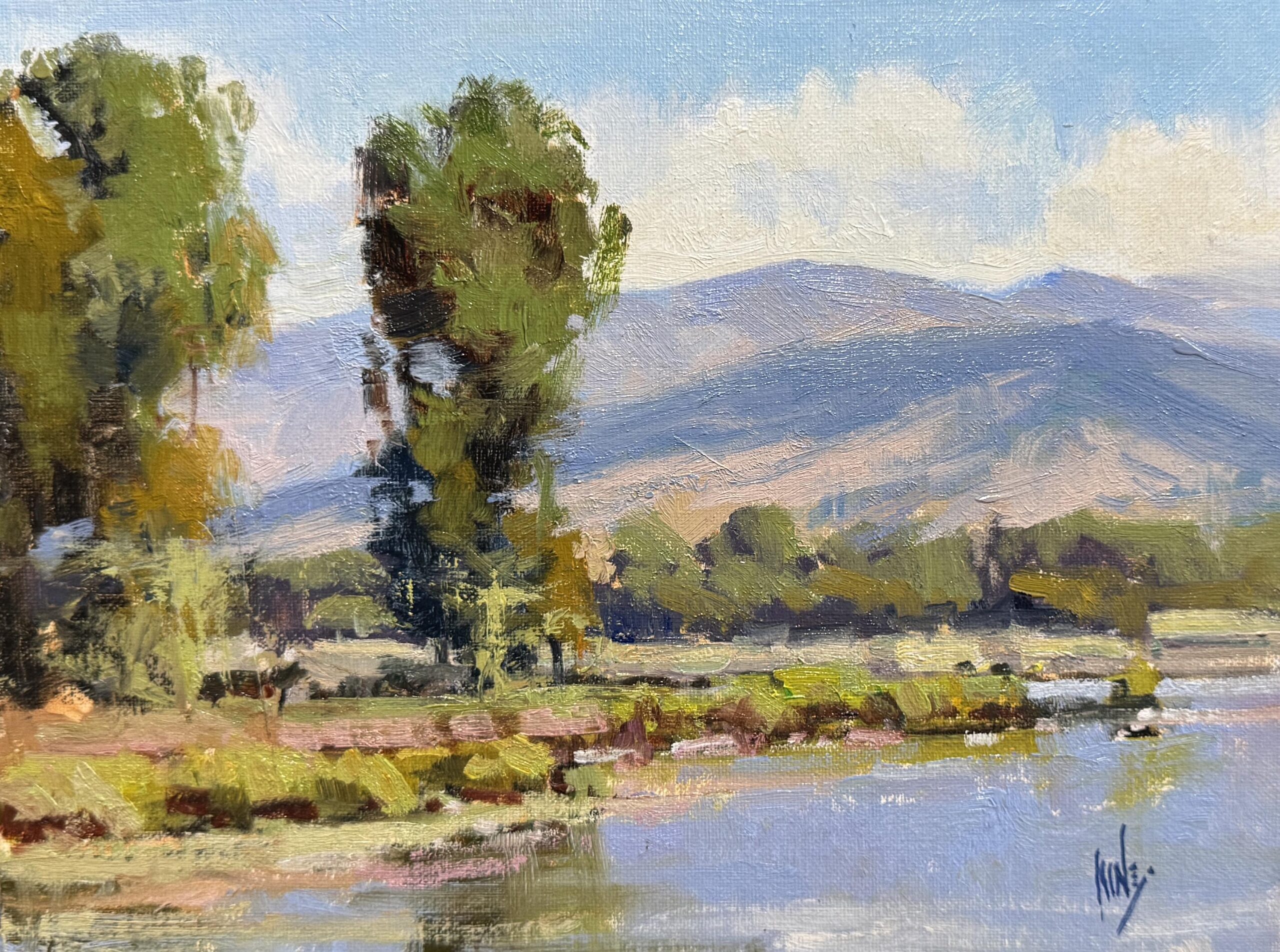 painting by rusty jones of a mountain river winding past a bend, mountinas in the background