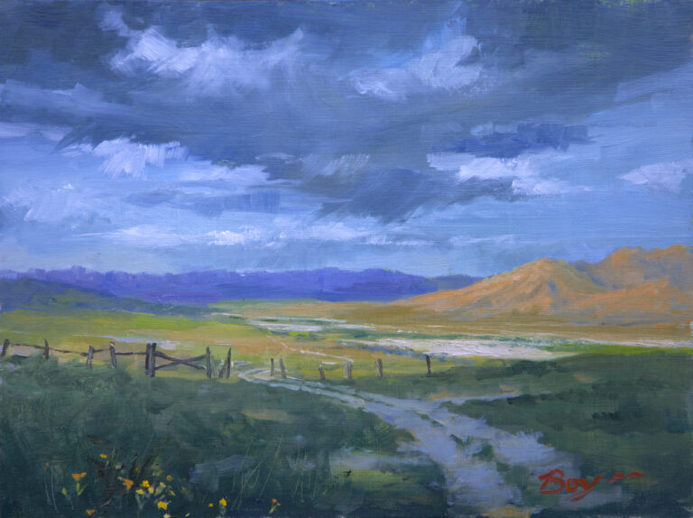 painting by richard boyer of a dirt road across a valley wil a small foothill in the mid ground and a mountain range in the background