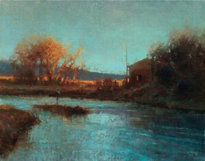 painting by brent cotton of a early evening scene of a rivers with a dim reflection of the sun on the water