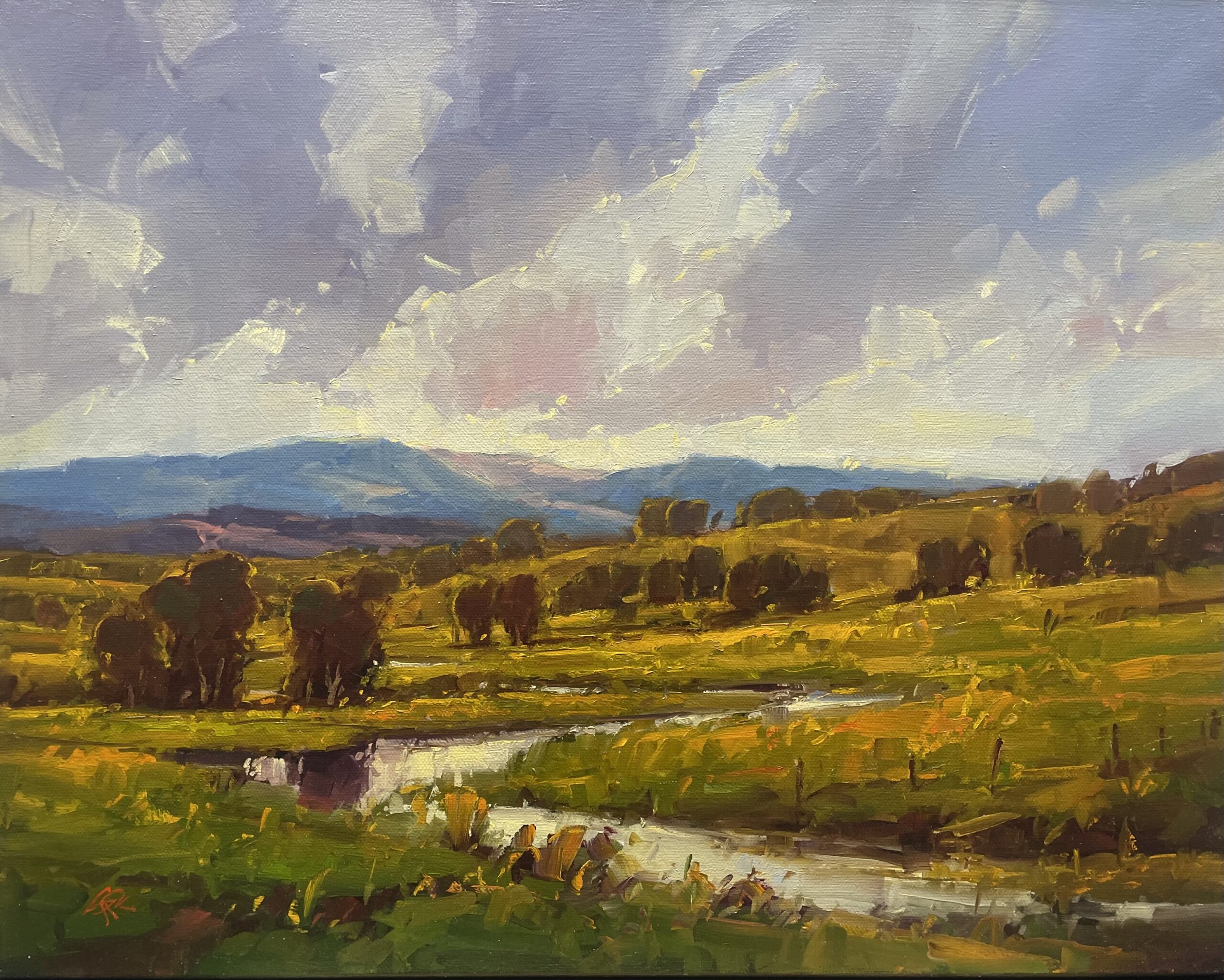 painting by gregory stocks of cattle grazing along a creek that zig zags through a valley
