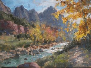 landscape painting by ej paparocki of a stream running through a valley.