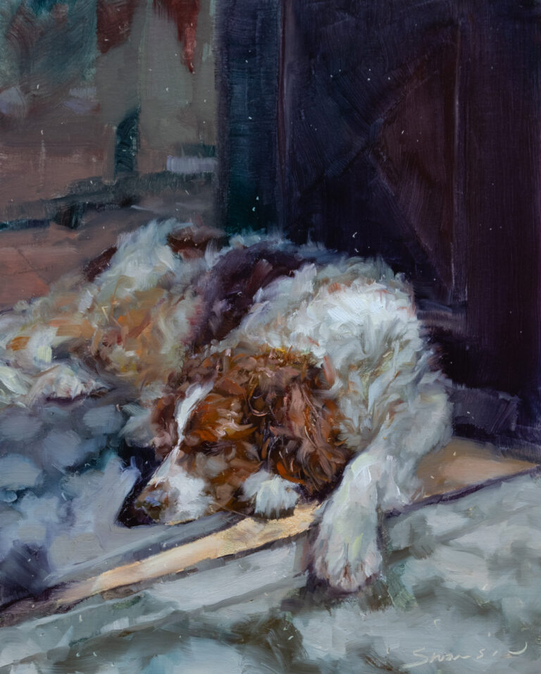 painting by david yorke of a dog resting on a rug in front of a door