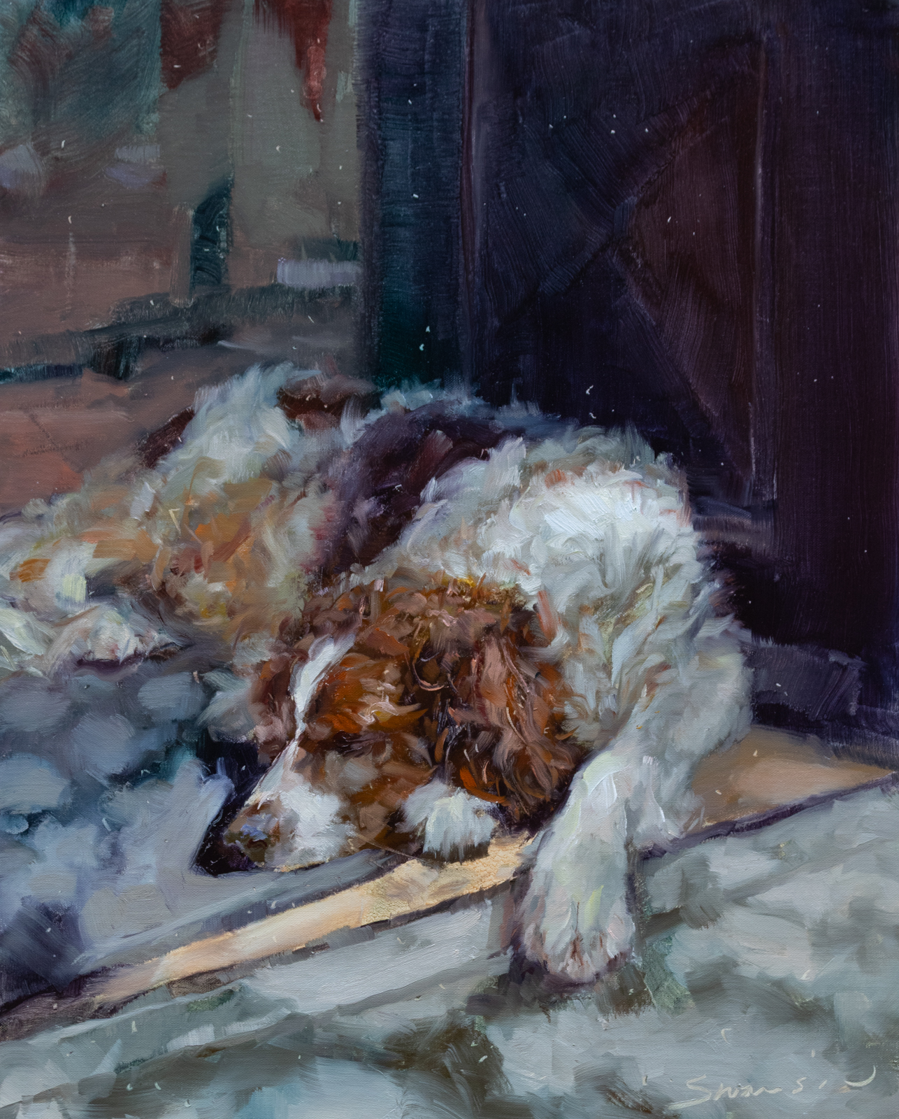 painting by david yorke of a dog resting on a rug in front of a door