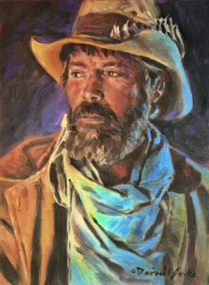 painting by david yorke of a dusty, bearded cowboy