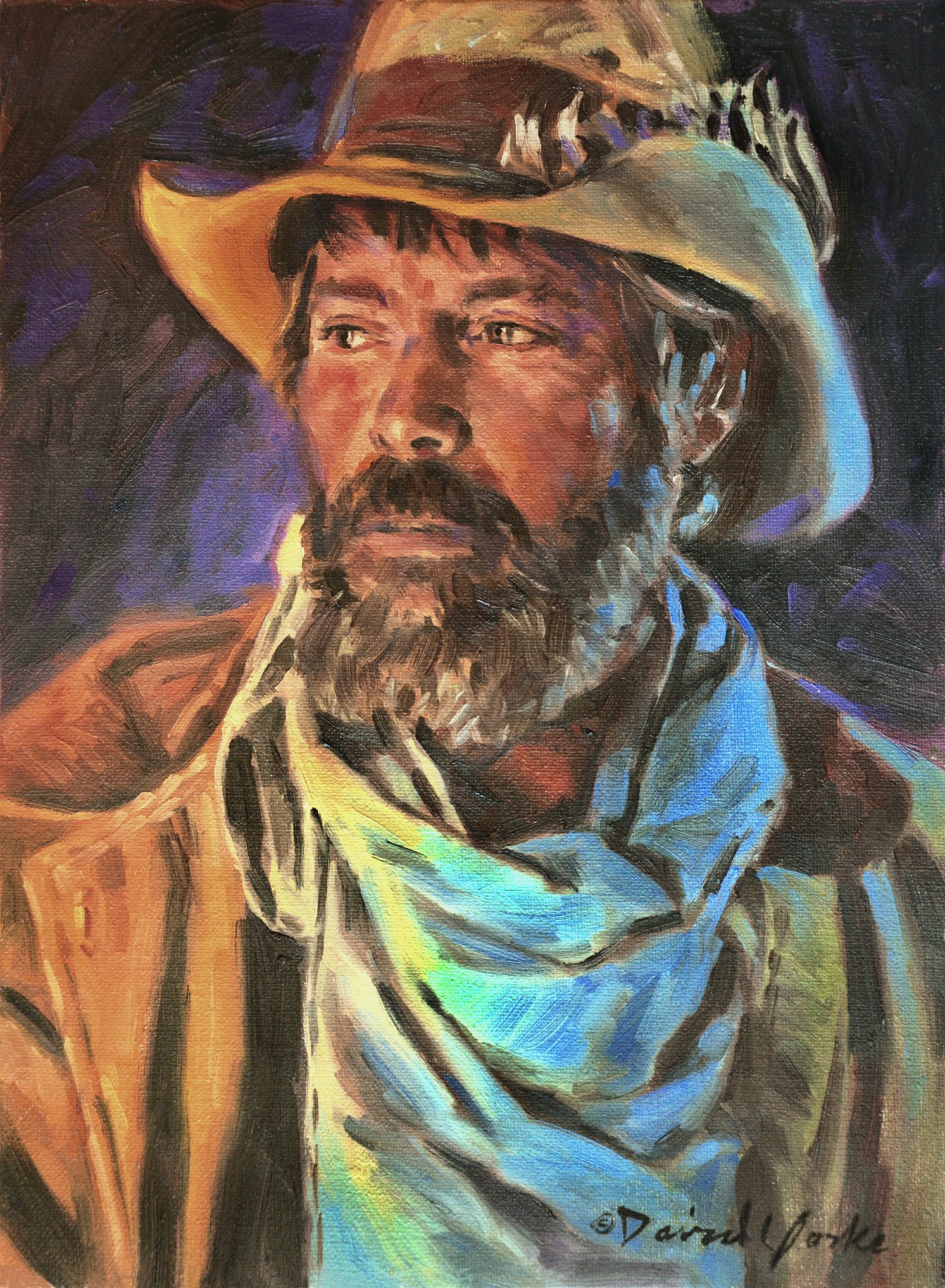 painting by david yorke of a dusty, bearded cowboy