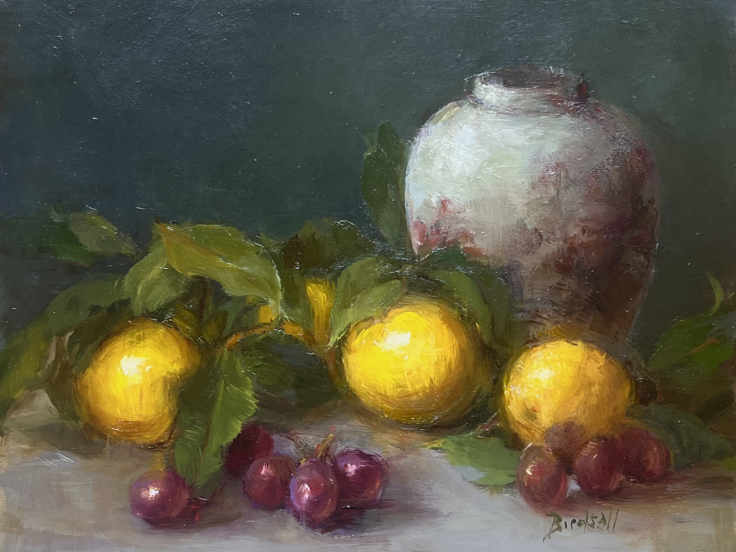 Painting by stephanie birdsall of a ginger jar on a table surrounded by oranges and grapes