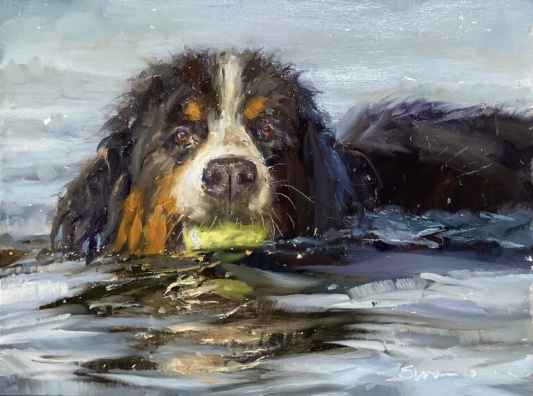 painting by james swanson of a bernese mountian dog swimming