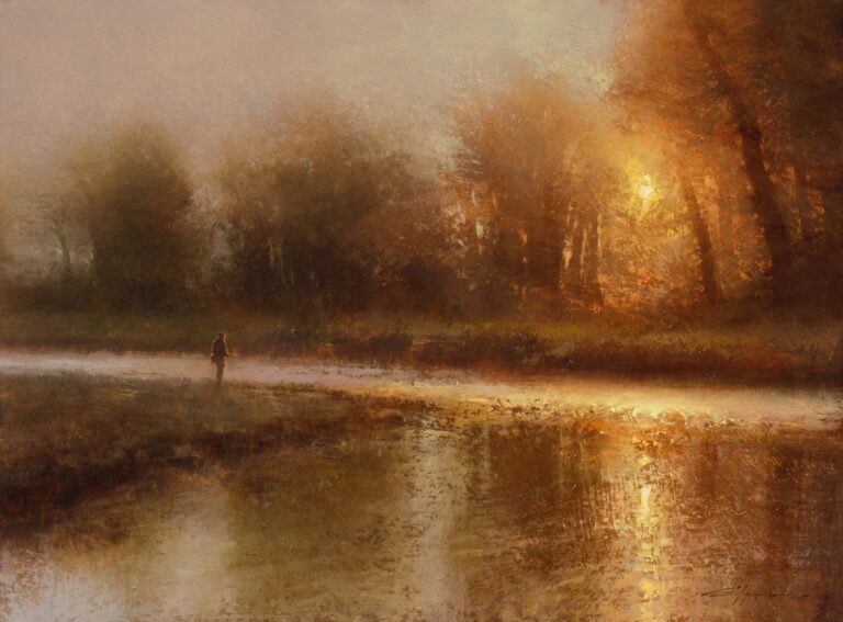 painting by brent cotton of a fisherman casting the first cast on a golden morning