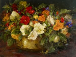 still life pating by stephanie birdsall of a collection of colorful pansies