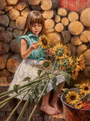 painting by scott tallman powers of a young girl plucking seeds from a sunflower