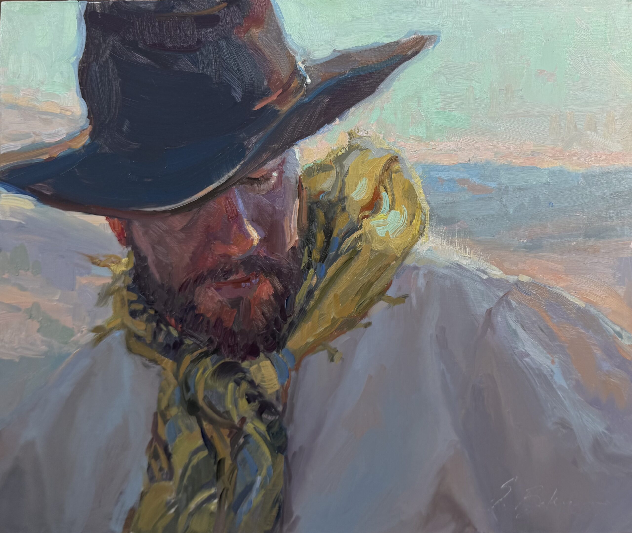 painting by Suzie Baker of a cowboy looking downward across his left shoulder