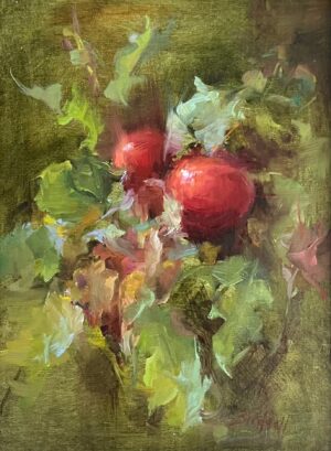painting by stephanie birdsall of tomatoes on the vine