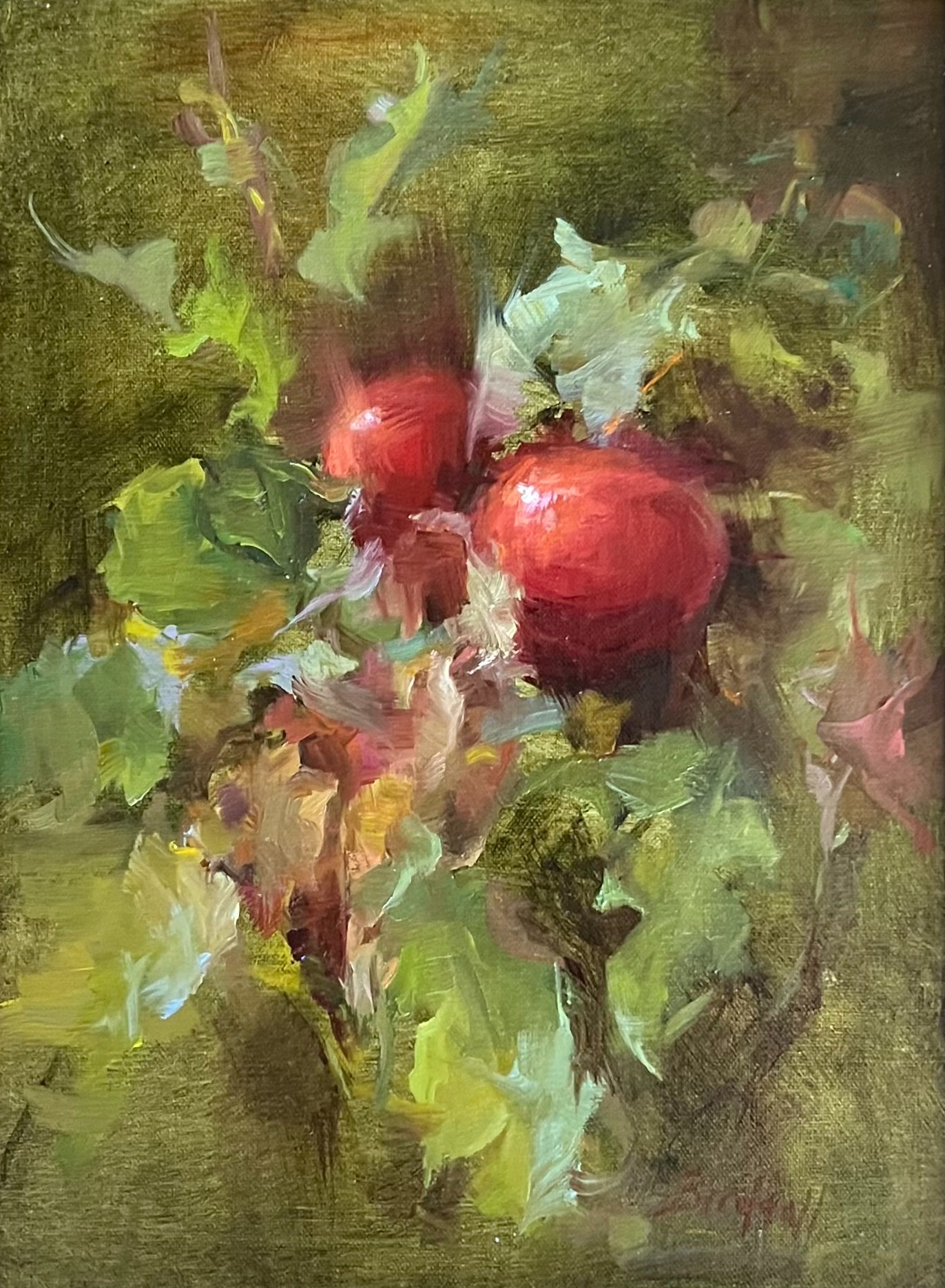 painting by stephanie birdsall of tomatoes on the vine