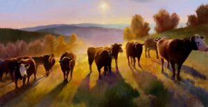 painting by colt iddol of a small herd of cattle inder a big, beautiful western sky
