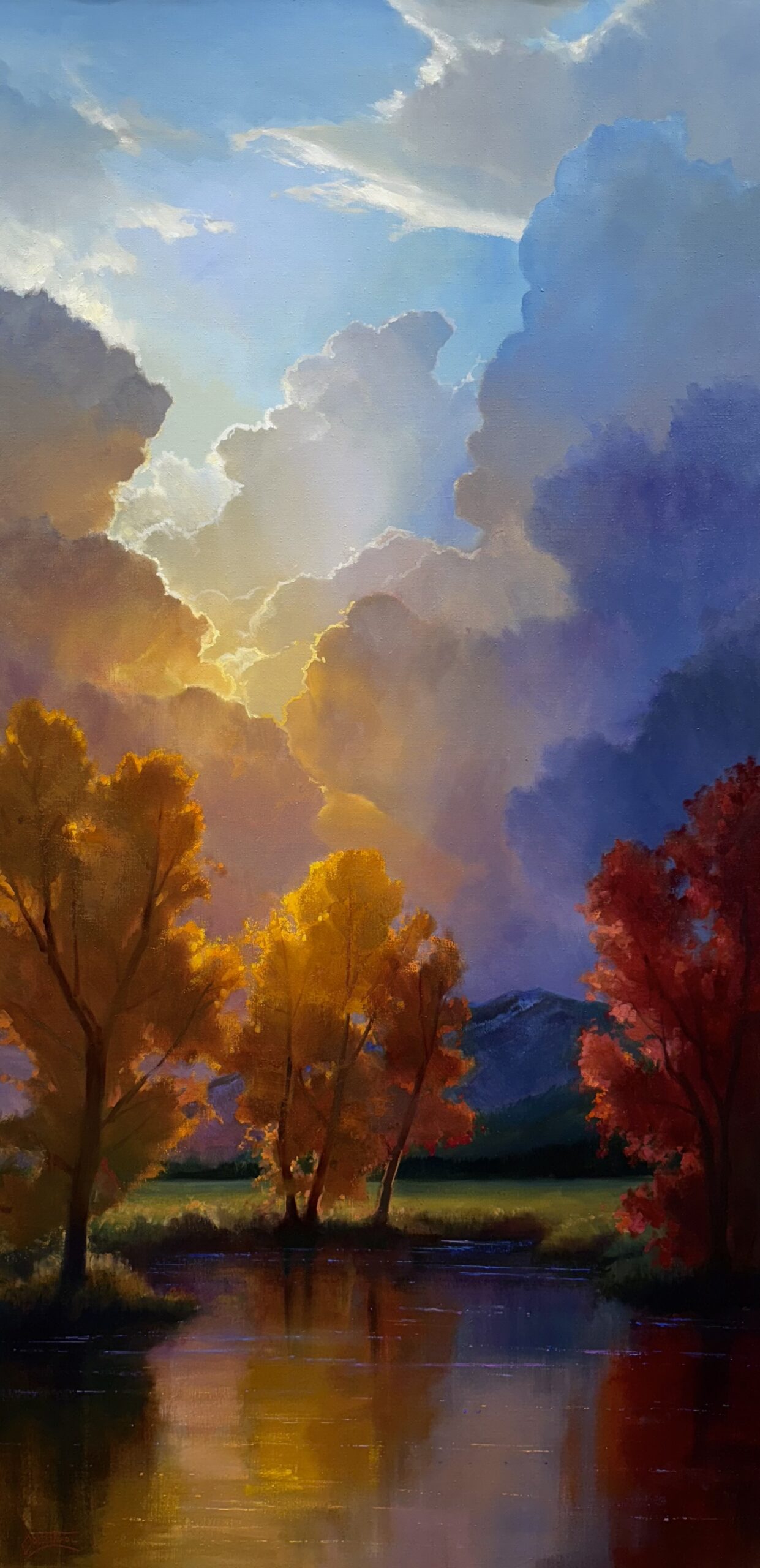 painting by Colt Idol where the view is looking up toward the mountain top and seeing the morning sunlight in a misty scene