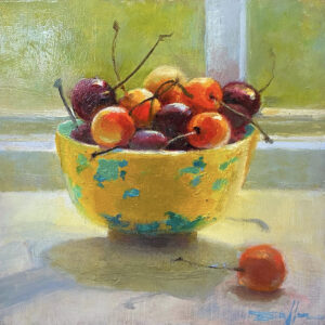 Still life painting by Brenda Boylan showing fruits in a brightly colored bowl, sitting in front of a winddow with sunshine streaming in