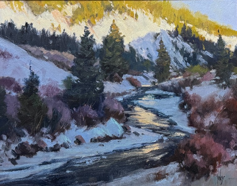 painting by Rusty Jones of a mountain stream glistening as it passes through a canyon