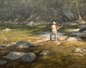 painting by bill farnsworth of an angler standing on the bank of a river fly-fishing