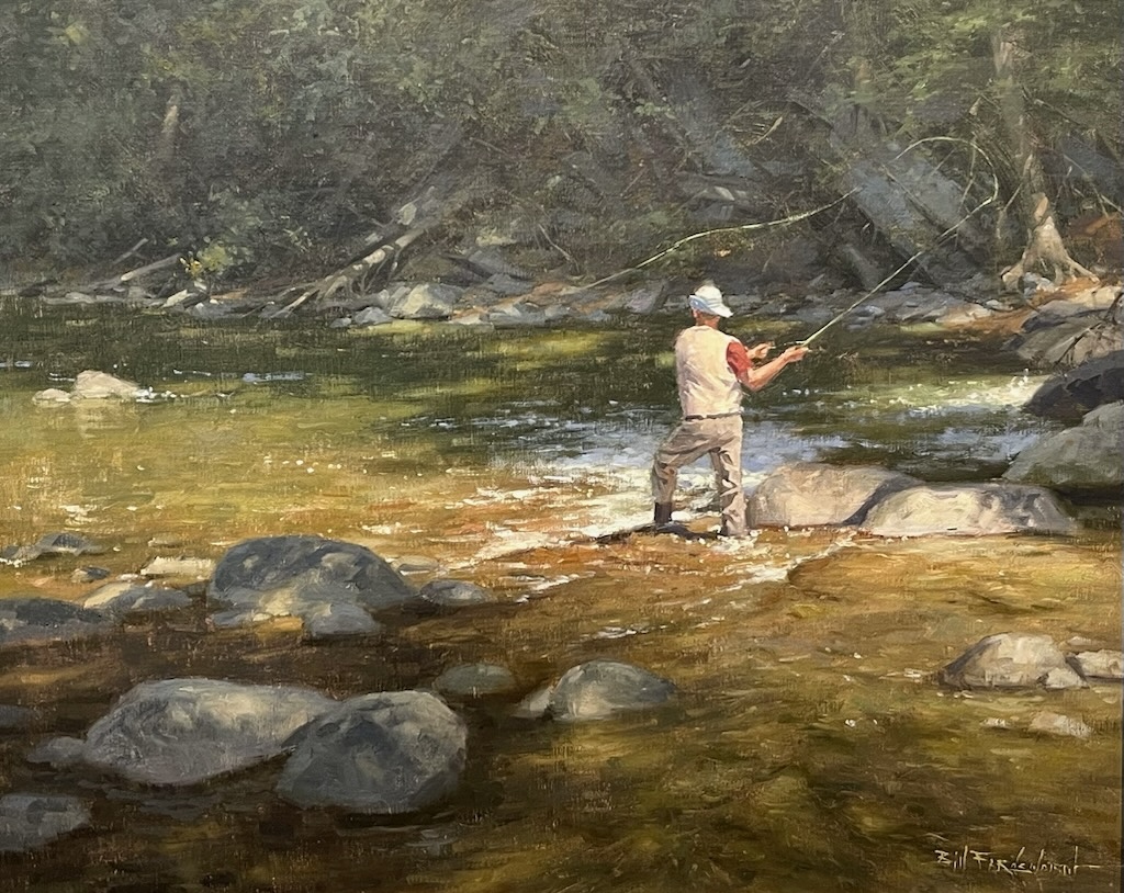 painting by bill farnsworth of an angler standing on the bank of a river fly-fishing