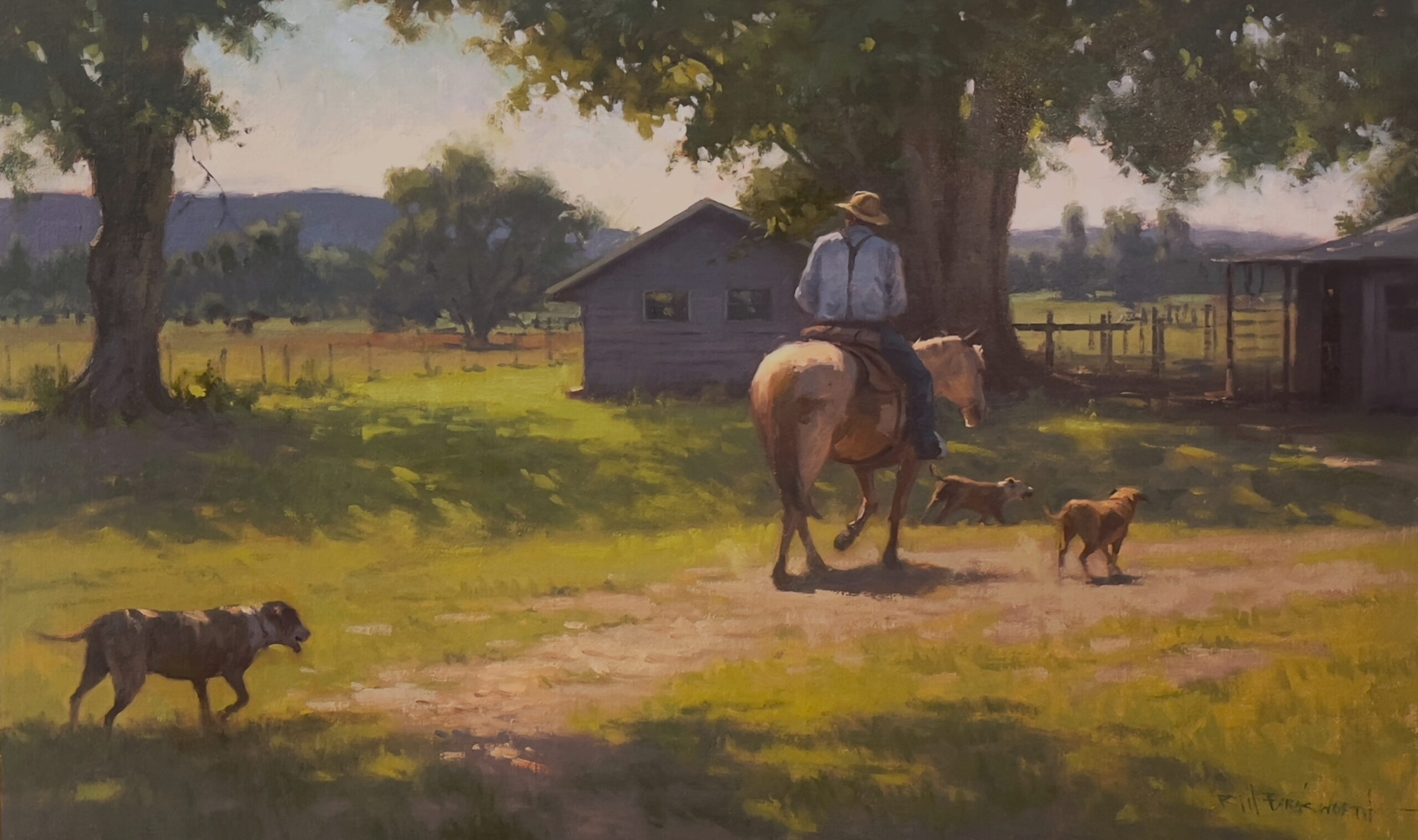 painting by bill farnsworth of a man riding a horse back to the homestead for a lunch break.