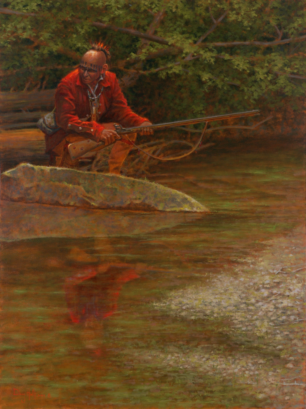 painting by Doug Hall off a native american man and his reflection in the stream he is kneeling next to