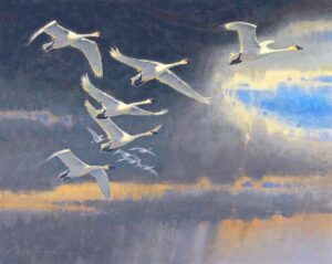 painting by Jim Morgan od a small flock of geese flying against a mostly clody sky with a storm cloud in the background
