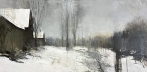 painting by charlie hunter of a snowy scene with a building edge on the left, a small stand of trees in the middle and an old post and treeling to the right.