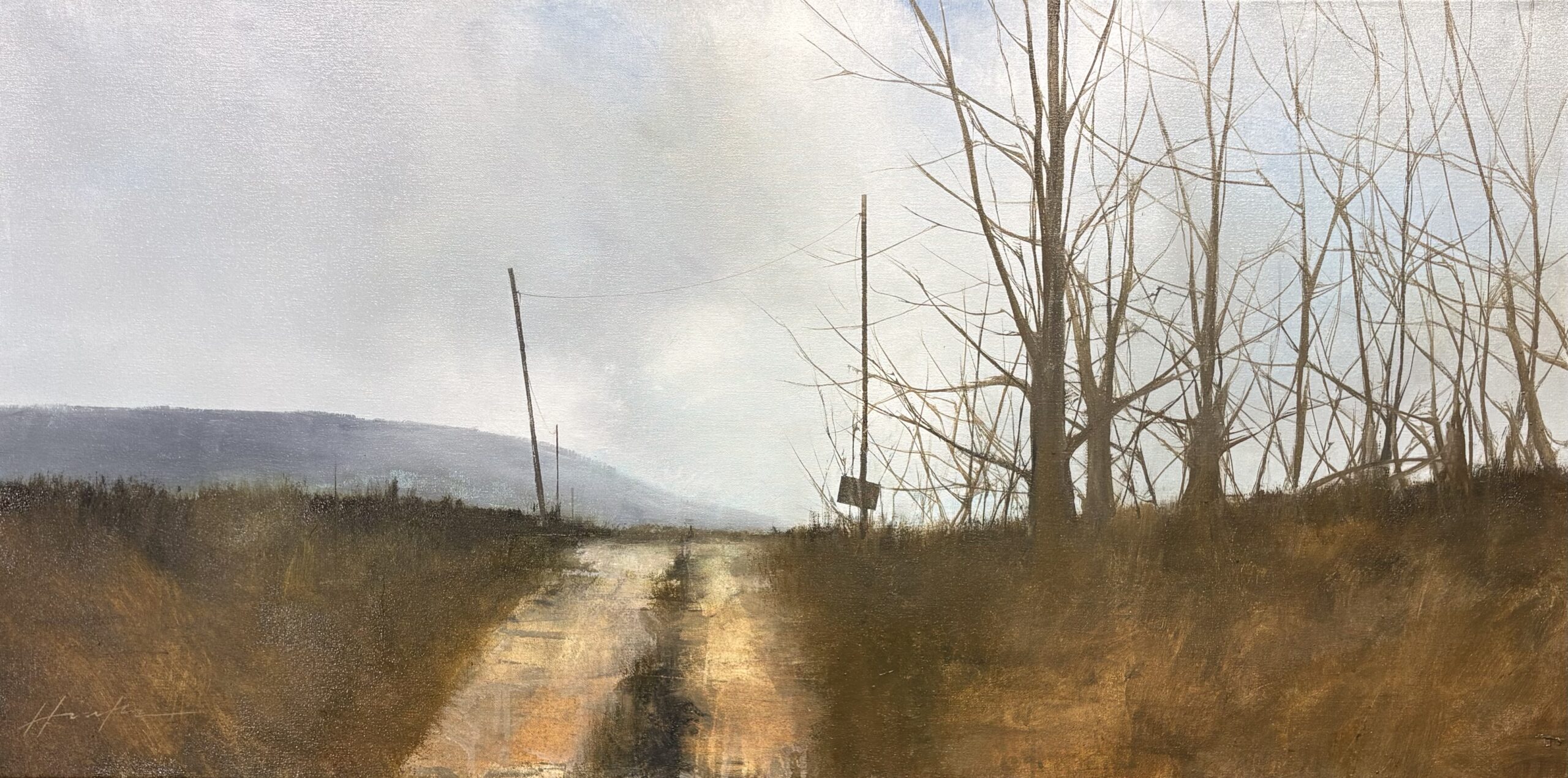 painting by Charlie Hunter of a dirt track road beneath an overcast sky