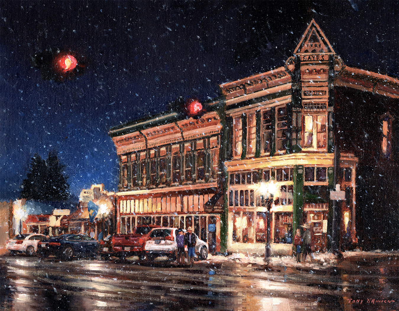 Painting by Tony D'Amico of a light snow falling in Philipsburg, Montana