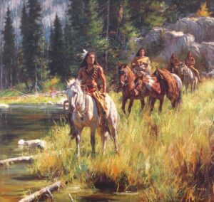 painting by Don Oelze of a small group of native american hunters traveling along a trail next to a pond