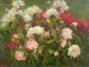 Still life painting by Stephaine Birdsall or red, white and pink peony blooms