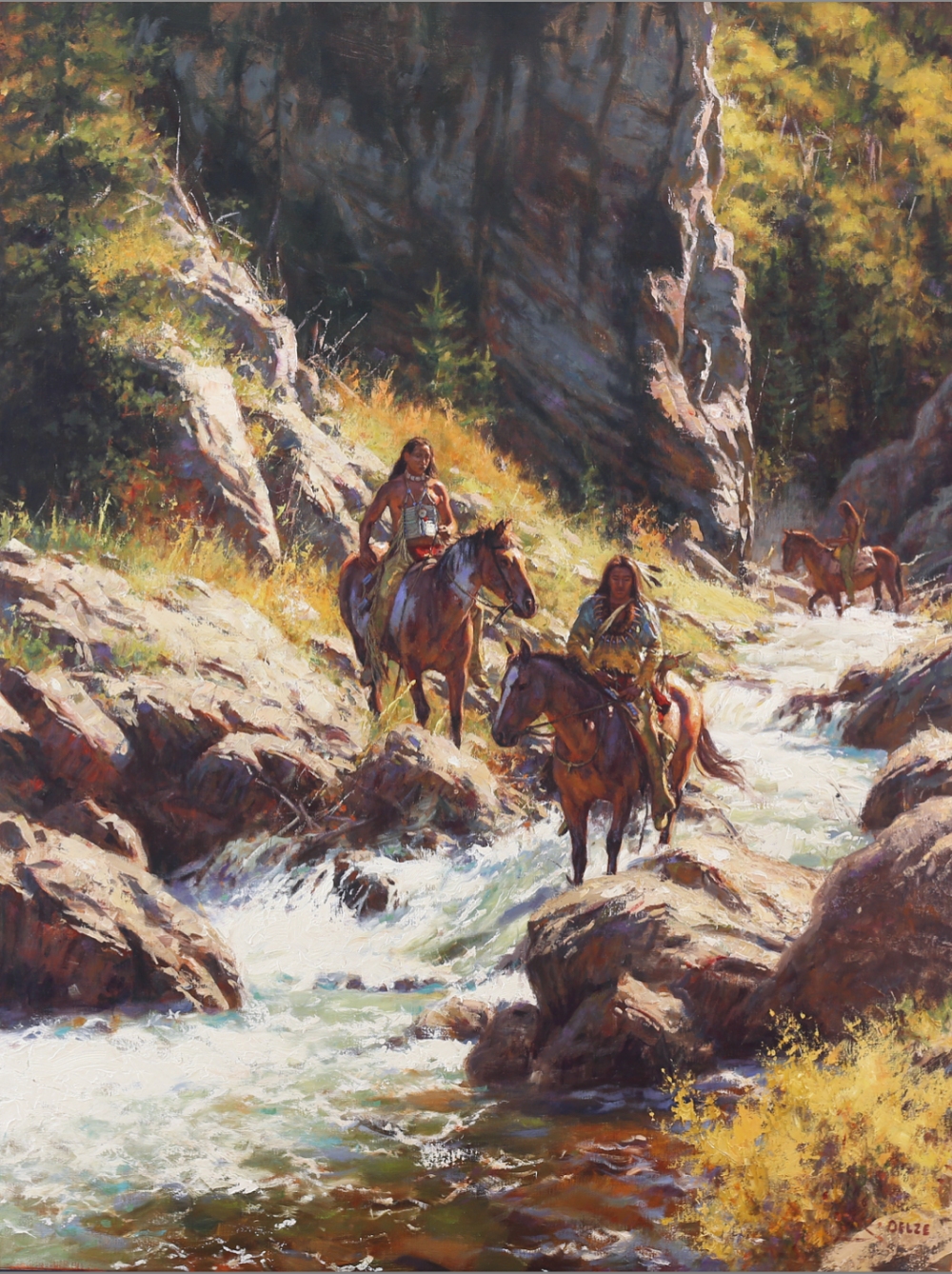 painting by Don Oelze of a trio of Native american men oh horseback crossing a rocky stream