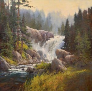 Painting by Cindy Baron of a Mountain river rushing over falls