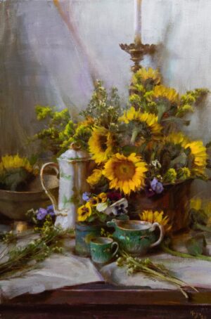 still life painting by Daniel Keys of an arrangement of Sunflowers next to a metal pitcher