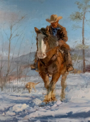painting by James Swanson of a cowboy riding his horse on a snowy trail, with his dog following closely